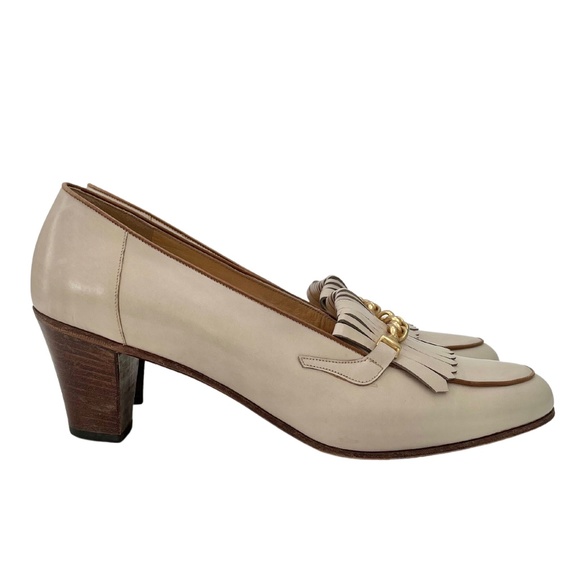 Vintage Cream Celine Heeled Loafers with Gold Chain IT 40 - Picture 1 of 14